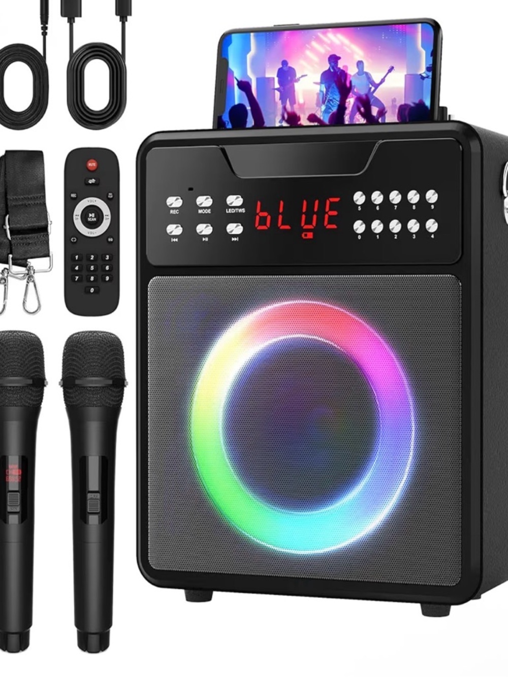 Portable Karaoke Bluetooth Speaker with RGB Ring Light - Black